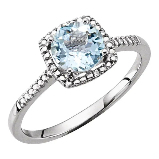 Natural Aquamarine & Diamond Halo-Style Sterling Silver Birthstone Ring