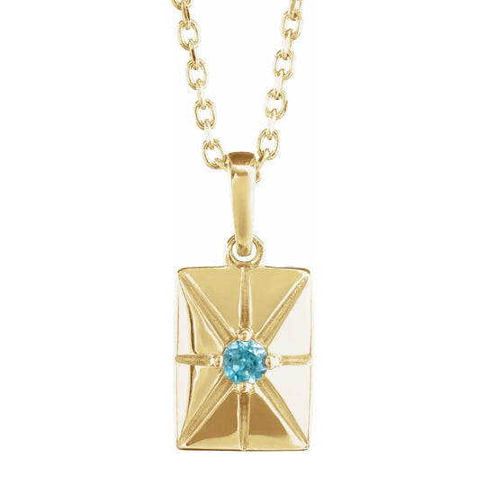 Natural Blue Zircon Starburst Pendant Necklace in 14ctt Yellow Gold