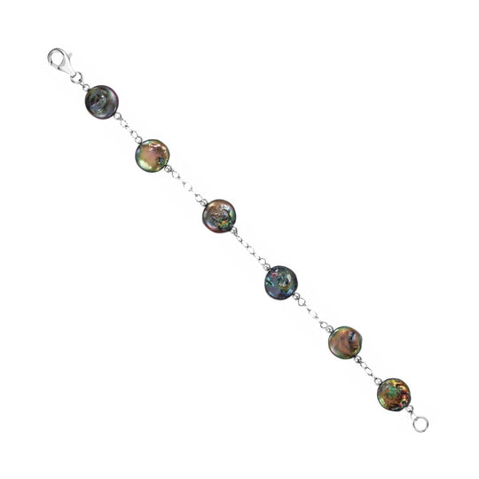 Freshwater Cultured Black Pearl Coin Station Bracelet in Sterling Silver