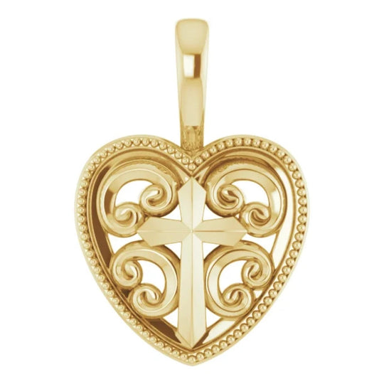 Ornate Heart with Cross Pendant in 14K Yellow Gold