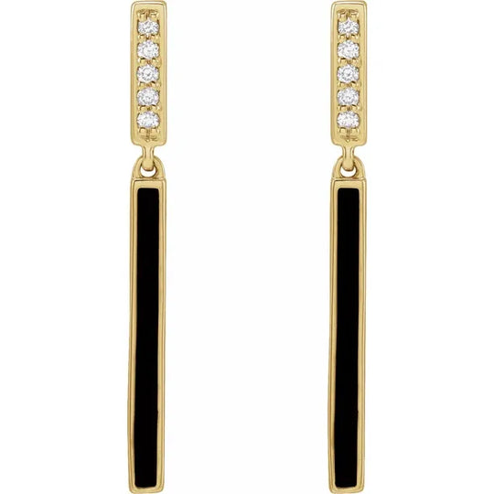 14kt Gold Diamond & Black Enamelled Bar Earrings