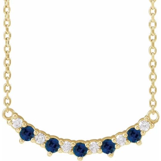 14kt Yellow Gold Lab-Created Blue Sapphire & Diamond Curved Bar Necklace.
