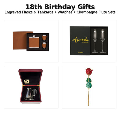 18th birthday gifts montage – engraved hip flask set, champagne flutes, pewter tankard and preserved rose.