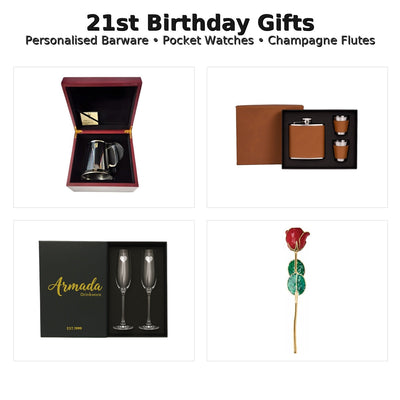 21st birthday gifts montage with tankard, hip flask set, champagne flutes and preserved red rose.