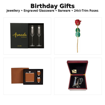 Birthday gifts collage featuring champagne flutes, preserved red rose, hip flask set and pewter tankard.