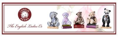 A captivating image showcasing the logos of Charlie Bears and The English Ladies Co., with the most popular Charlie Bears—Frost, Charlie Bear 2024, Mr. Widget, and Jake—lined up in all their stunning ceramic detail, ready to delight collectors.