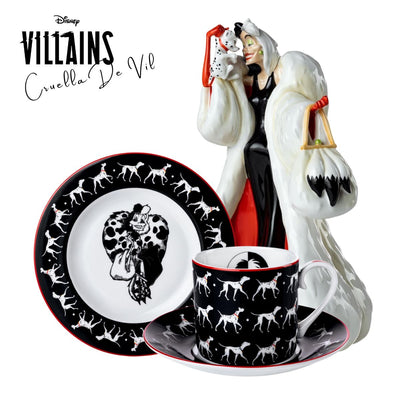 Disney Villains Collection features Cruella from 101 Dalmatians, including her limited edition figurine, Collector's Plate and Cup and Saucer Set, handmade and hand decorated. Available from Jewels of St Leon.