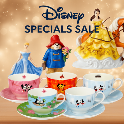 Disney jewellery and collectables sale – fine bone china teacups, saucers, and figurines including Mickey, Minnie, and Disney princess designs.