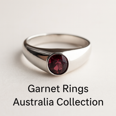 Sterling silver garnet ring with round deep red gemstone in bezel setting, photographed for Garnet Rings Australia Collection on a light background.