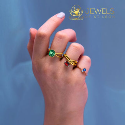 Gemstone Rings for Women - Featured is a lab-created emerald ring, Garnet Ring and Sapphire with aquamarine ring. Availale online from Jewels of St Leon Australia