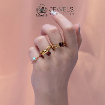 Gold Gemstone Rings - Featuring Smokey Quartz, Garnet and Aquamarine gemstones. Available from Jewels of St Leon Online Jewellery Store.