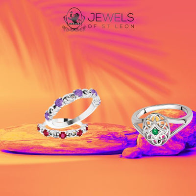 Silver Gemstone Rings - Crafted from 925 Sterling Silver and featured are amethyst, ruby and emerald gemstones. Available from Jewels of St Leon Online Jewellery Store Australia.