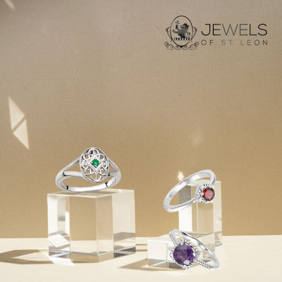 Silver Gemstone Rings for Women - Featured is our Filigree Emerald Sterling Silver ring, Garnet and Diamond Halo Ring, and Amethyst and Diamond Halo Birthstone Ring. Available online from Jewels of St Leon Australia.