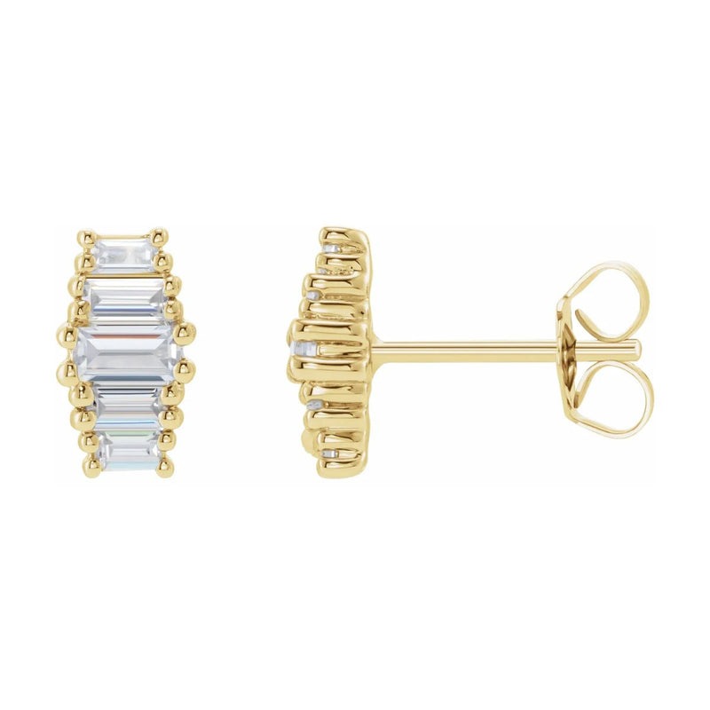 0.50ctw lab-grown diamond ladies earrings in 14K yellow gold. Featuring five straight baguette diamonds per earring for a total of 10 brilliant high quality sustainable and ethically sourced lab-grown diamonds.