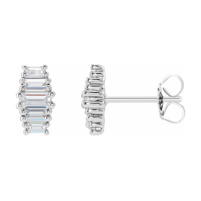 0.50ctw lab-grown diamond ladies earrings in 14K White gold. Featuring five straight baguette diamonds per earring for a total of 10 brilliant high quality sustainable and ethically sourced lab-grown diamonds.