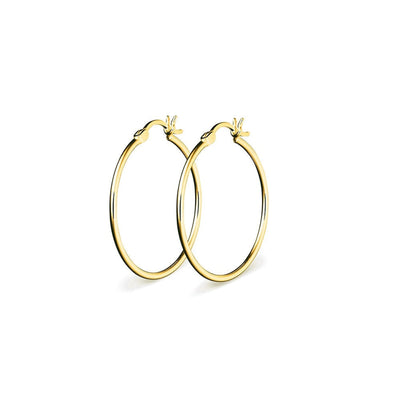 Gold plated sterling silver hoop earrings in 10mm and 25mm sizes, 1.5mm tube design, displayed against a clean background.