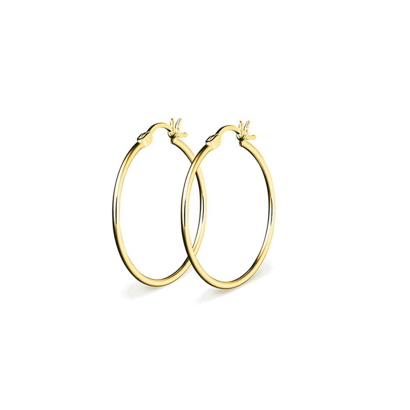 Gold plated sterling silver hoop earrings in 10mm and 25mm sizes, 1.5mm tube design, displayed against a clean background.
