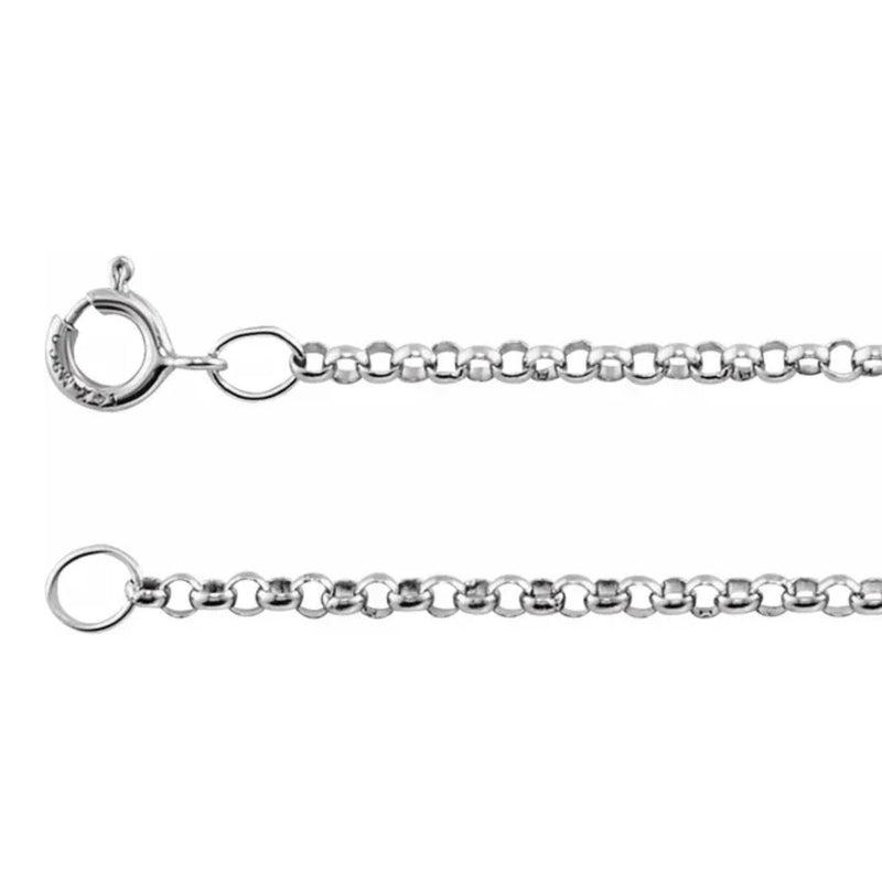 Close-up view of the fine 1.5mm Belcher Chain with polished sterling silver links and a detailed look at the spring ring.
