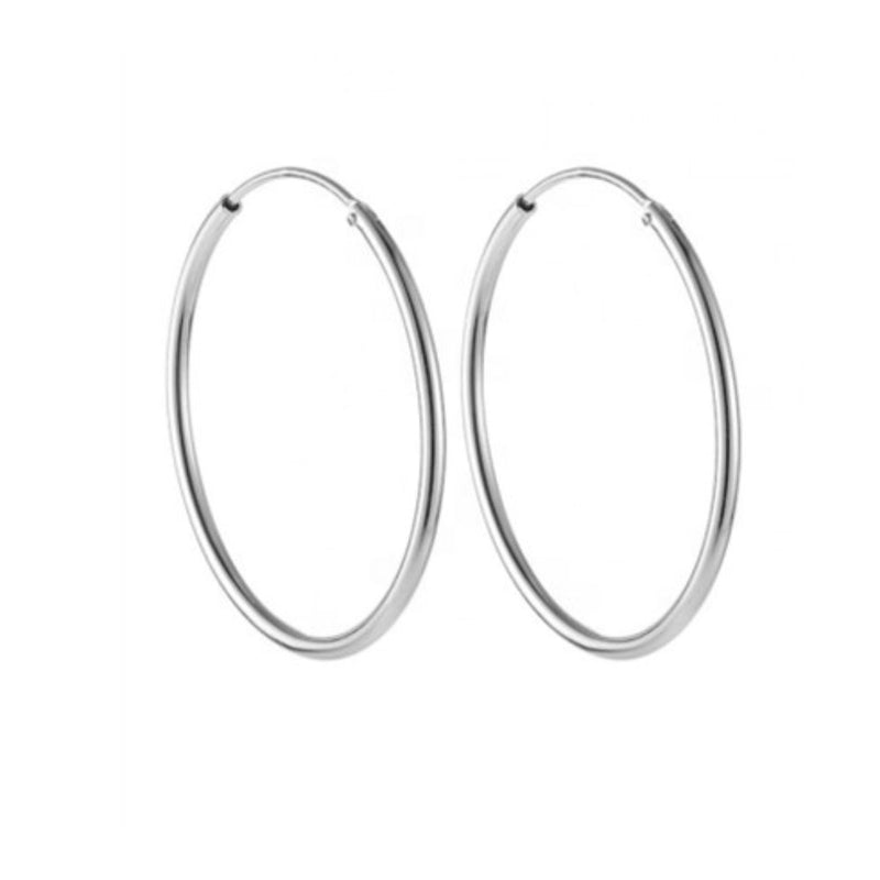 Close-up of 1.5mm x 20mm Sterling Silver hinged endless hoop earrings on a white background. 