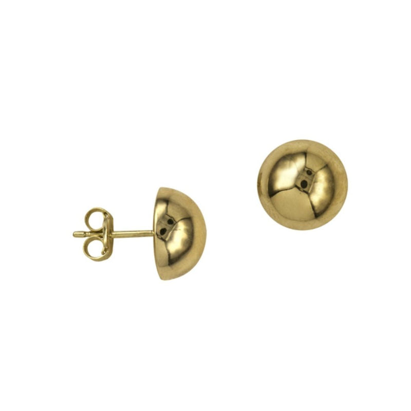 A combined side and front view of the 10mm Half-Domed Stud Earrings in 9ct Yellow Gold displays their bold, rounded design and polished golden finish, highlighting their size and timeless elegance.