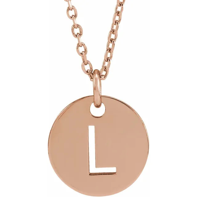 Initial 10mm Disc Pendant Necklace in 14kt Yellow, Rose or White Gold