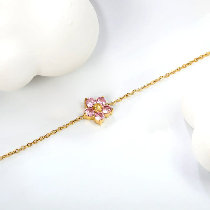 Waterproof Gold Plated Stainless Steel Pink CZ Flower Bracelet. Part of the Fashion Bracelet Collection for an affordable yet adorable and durable jewellery piece to add to your collection.