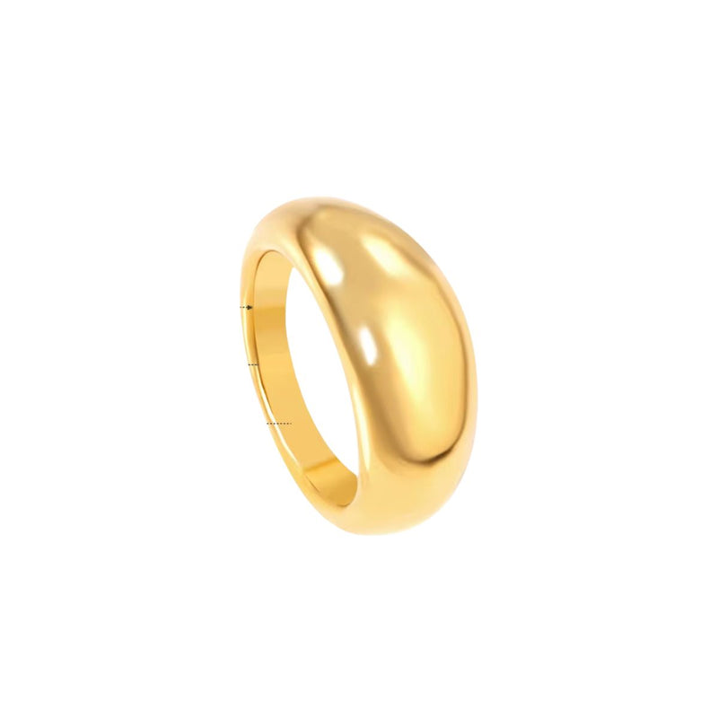 A polished 18K gold-plated stainless steel low dome band with a 9.7mm width. A perfect minimalist ring for stacking or solo wear.