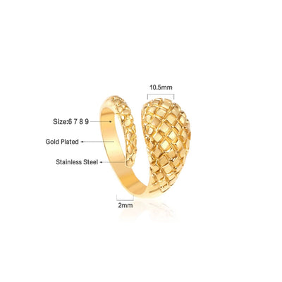 A detailed 18K gold-plated stainless steel snake ring showing measurements and tapered design. A unique wrap-around ring with bold and elegant craftsmanship.