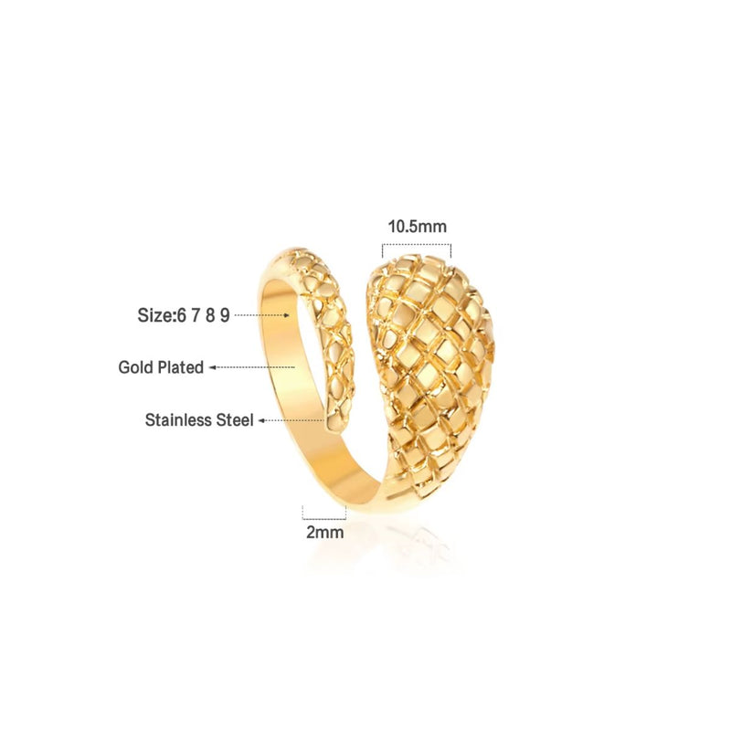 A detailed 18K gold-plated stainless steel snake ring showing measurements and tapered design. A unique wrap-around ring with bold and elegant craftsmanship.