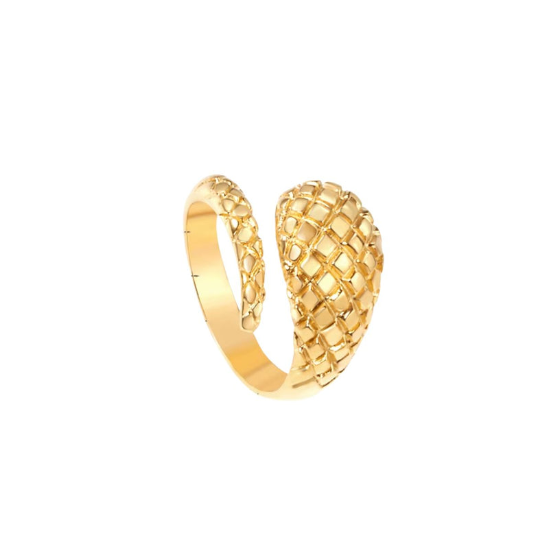 A detailed 18K gold-plated stainless steel snake ring with a tapered design. A unique wrap-around ring with bold and elegant craftsmanship.