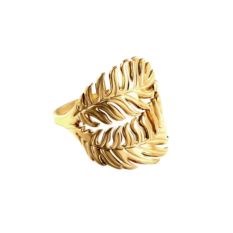 A delicate 18K gold-plated stainless steel ring featuring two detailed leaves. Chic, feminine, and beautifully adjustable. Shop now at Jewels of St Leon.