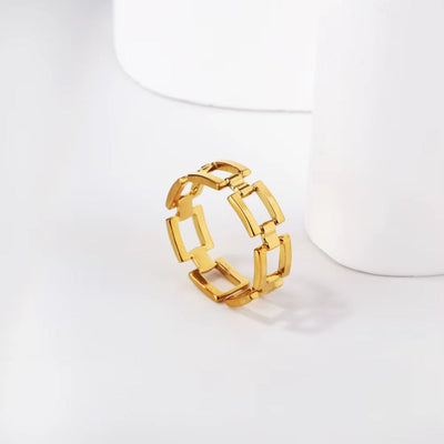 A stylish 18K gold-plated stainless steel adjustable wide chain link ring with a bold, open-link design.