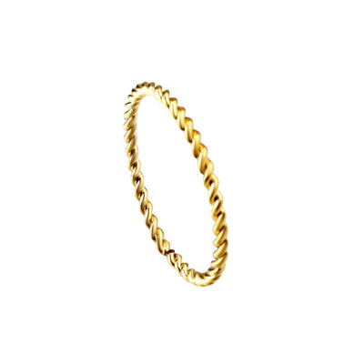 A classic twisted stacking ring - versatile, elegant, and effortlessly stylish. A thin 18K gold-plated stainless steel twisted band with a polished finish, perfect for stacking.