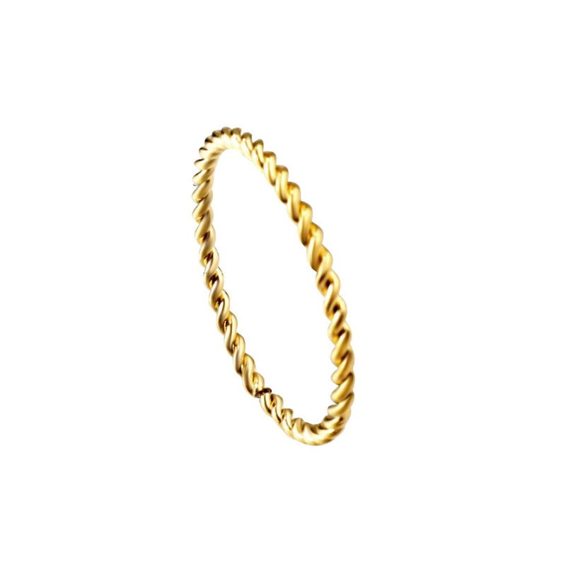 A classic twisted stacking ring - versatile, elegant, and effortlessly stylish. A thin 18K gold-plated stainless steel twisted band with a polished finish, perfect for stacking.