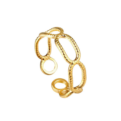 A stylish 18K gold-plated stainless steel oval link ring with sparkle dapped edges and an adjustable fit.
