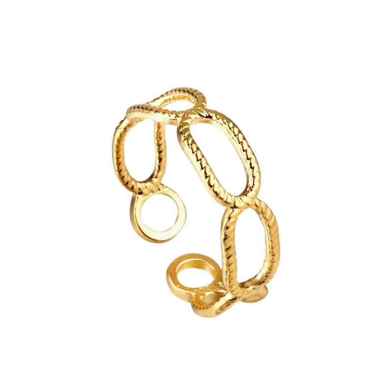 A stylish 18K gold-plated stainless steel oval link ring with sparkle dapped edges and an adjustable fit.