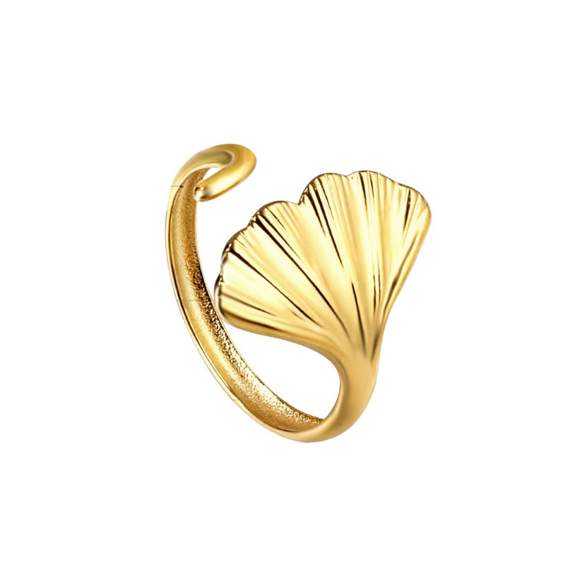 A delicate ocean-inspired ring - lightweight, adjustable, and elegant. 18K gold-plated stainless steel open shell ring with a modern organic shape.