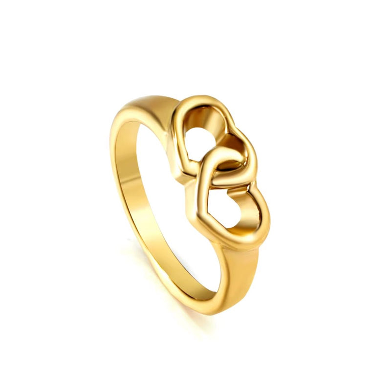 A delicate 18K gold-plated stainless steel ring featuring two interlocking hearts. Waterproof, Anti-tarnish high quality fashion jewellery.