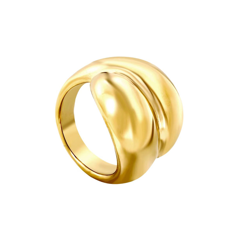 A wide 18K gold-plated stainless steel wrap-around ring with a sleek, polished finish. A modern chunky piece of high quality fashion jewellery.