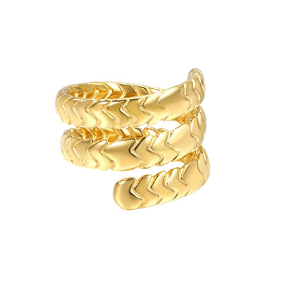 A stunning 18K gold-plated stainless steel wrap-around snake ring with an intricate scale design, coiled gracefully waiting to be worn. The polished gold finish enhances its bold and elegant appeal.