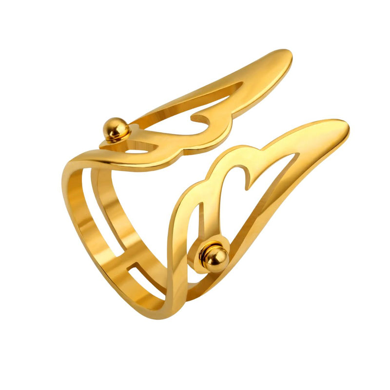 A stunning 18K gold-plated stainless steel wing-shaped ring with intricate detailing.