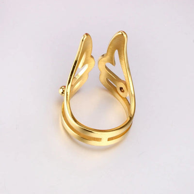 an elegant and intricate wing design measuring 28x20mm overall. Crafted from 18K gold-plated stainless steel, this beautifully detailed piece adds a touch of sophistication to any look. Lightweight yet durable, it is the perfect statement ring for women's jewellery collections. A beautifully crafted wing ring - symbolic, elegant, and timeless.