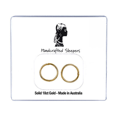 Pair of 8mm solid 18ct yellow gold sleeper earrings on branded “Handcrafted Sleepers” packaging with silhouette logo and text “Made in Australia.”