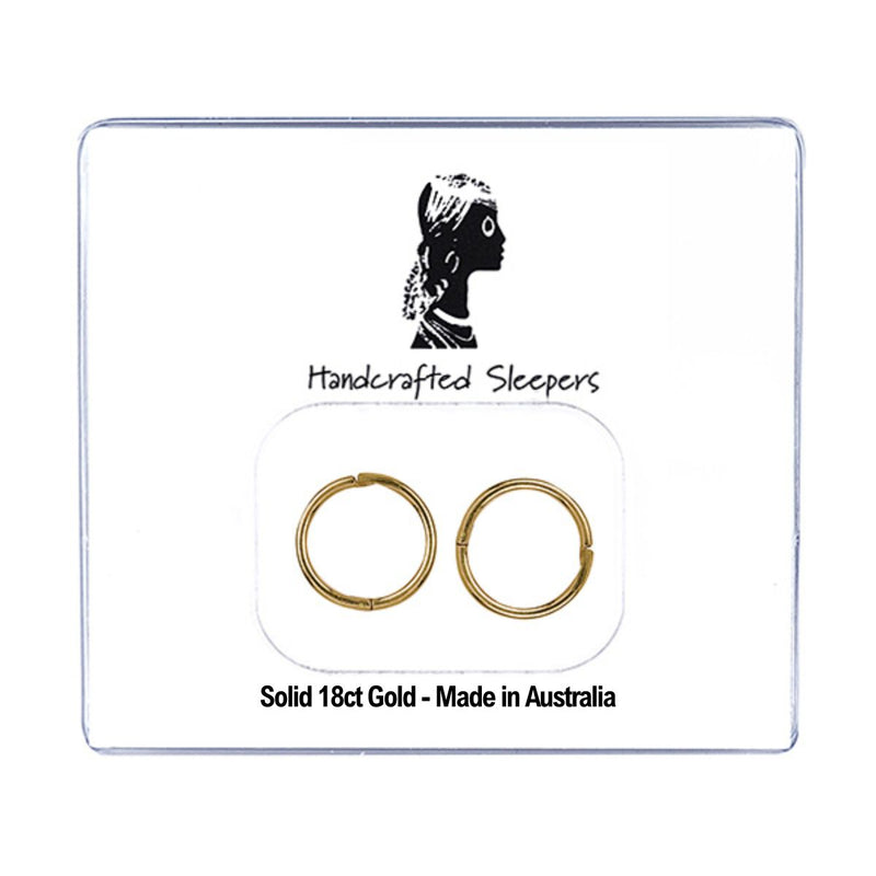 Pair of 8mm solid 18ct yellow gold sleeper earrings on branded “Handcrafted Sleepers” packaging with silhouette logo and text “Made in Australia.”