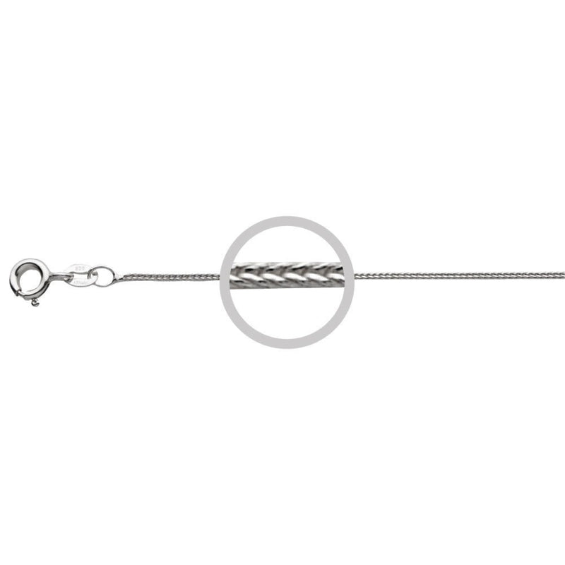 Close-up of 1mm square foxtail chain in 925 Italian Sterling Silver, 60cm length, with anti-tarnish coating. Displayed on white background showing intricate woven design.