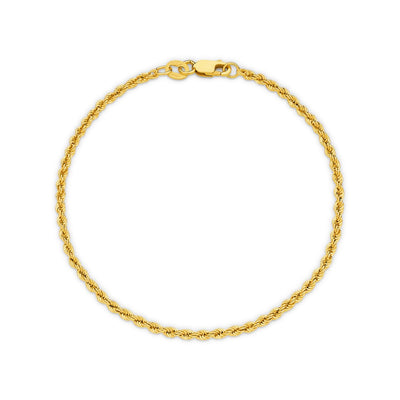 Full view of 19cm 9ct yellow gold rope chain bracelet laid flat in a circular display – Jewels of St Leon.