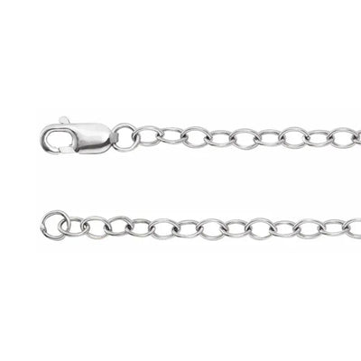 Close-up of 2.5mm Sterling Silver cable chain necklace, featuring classic round links and parrot clasp. Polished finish displayed on white background.