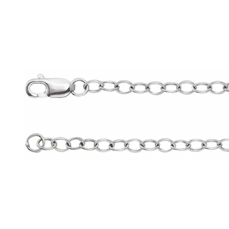 Close-up of 2.5mm Sterling Silver cable chain necklace, featuring classic round links and parrot clasp. Polished finish displayed on white background.
