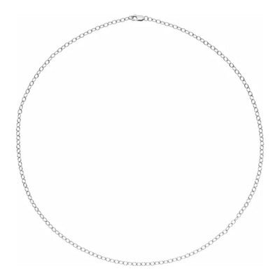 Close-up of 2.5mm Sterling Silver cable chain necklace in 50cm length, featuring classic round links and parrot clasp. Polished finish displayed on white background.