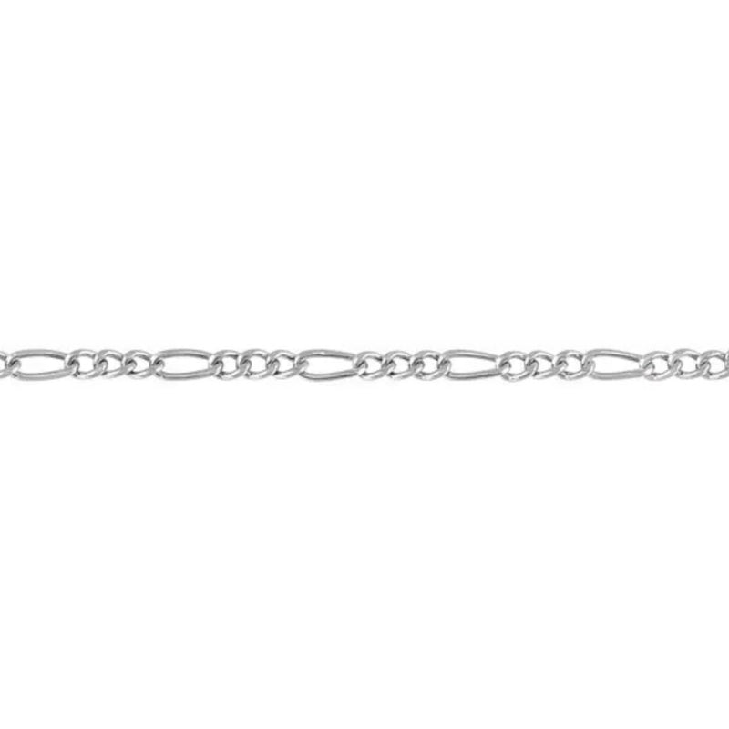 Close-up of 2mm 3+1 Figaro chain in Sterling Silver. Features polished finish and classic alternating link pattern.